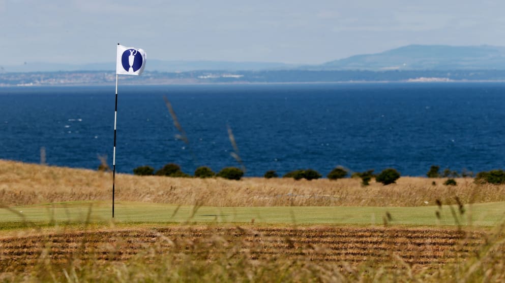 A flag is seen ahead of the 142nd Open Championship at Muirfield