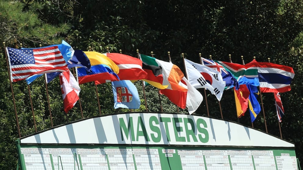 A leaderboard is seen during a practice round prior to the Masters Tournament