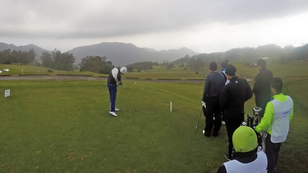 Jacob Glennemo of Sweden hits the first shot of the 2015 Madeira Islands Open - Portugal - BPI from the first tee