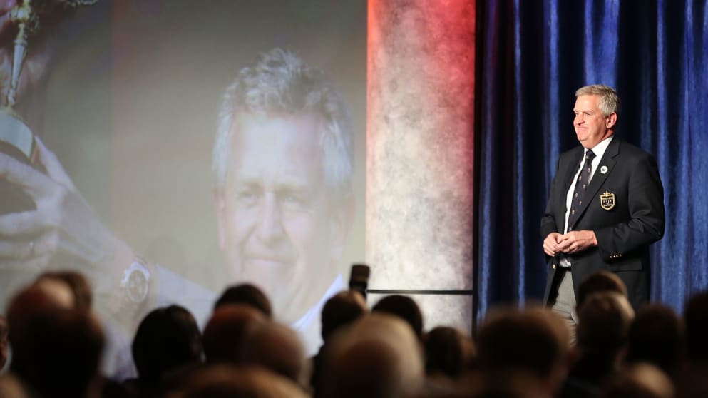 Colin Montgomerie walks on stage during his induction into the World Golf Hall of Fame