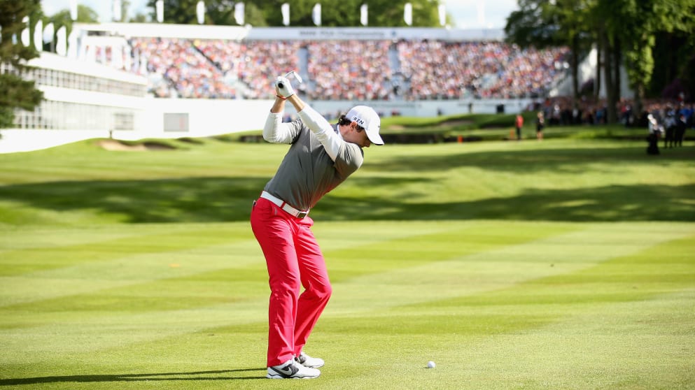 Rory McIlroy hits his second in 18