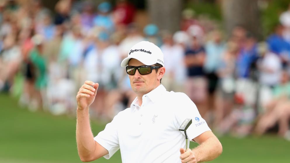 Justin Rose - celebrates another birdie on day four of the Masters