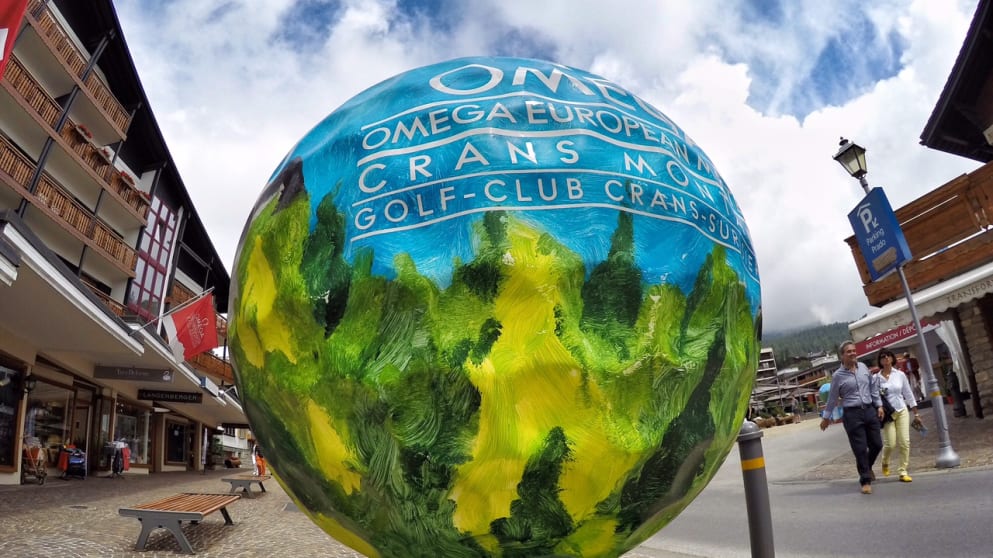 Specially designed giant painted golf balls for the Omega European Masters charity auction