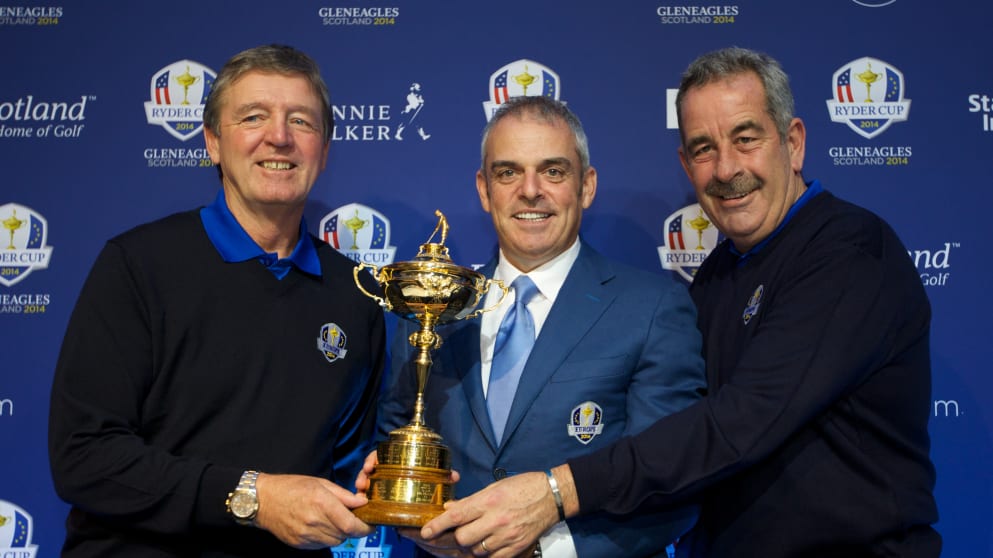 Paul McGinley, European Ryder Cup Captain, is pictured with his vice-captains Des Smyth and Sam Torrance 