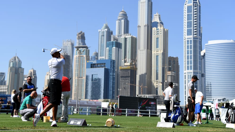 Tiger Woods - on the driving range prior to the Omega Dubai Desert Classic at Emirates Golf Club