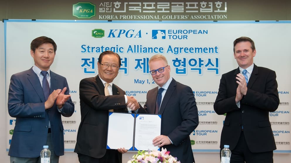 Kim Tae Ho, Vice Chairman of the KPGA, Yang Hwee Boo, Chairman of the KPGA, Keith Pelley, Chief Executive Officer of the European Tour, and Ben Cowen, Director of International Policy European Tour