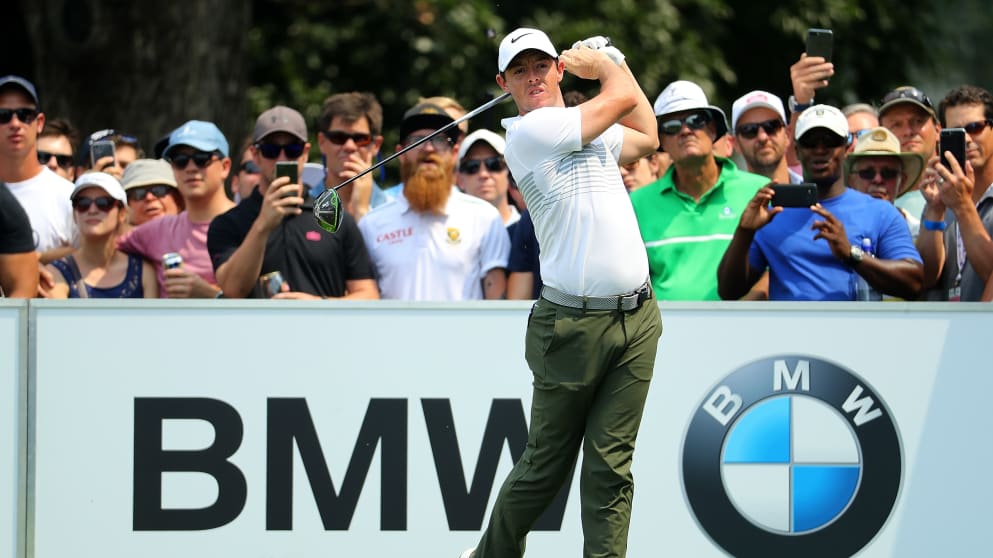 Rory McIlroy on the tenth tee at Glendower Golf Club