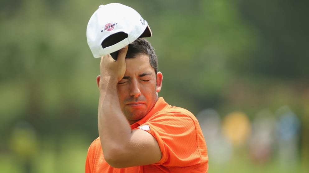 Pablo Larrazabal recovers from a hornet attack in Malaysia