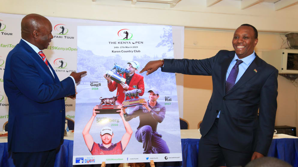 Kenya Open Golf Limited Chairman Peter Kanyango (Left) and the Sports Principal Secretary Ambassador Kirimi Kaberia  