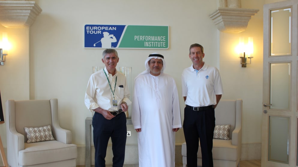 David Williams, Chairman of The European Tour, visits the ETPI, with Yousuf Kazim, General Manager of Jumeirah Golf Estates, and Keith Waters, Chief Operating Officer of The European Tour