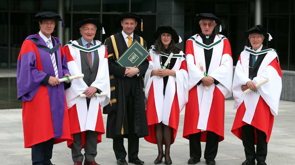 Professor Philip Nolan (third from left) conferred Honorary Doctorates from the National University of Ireland Maynooth to (L-R) George O'Grady, Martin Gale, Catriona Crowe, Breandan O Doibhlin and George Huxley