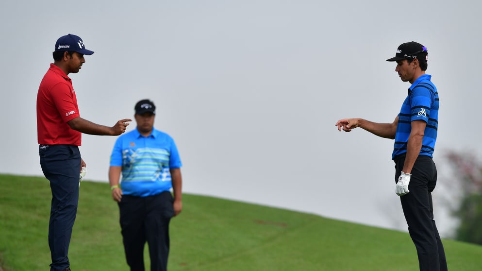 Rafa Cabrera Bello, Anirban Lahiri and Kirdaech Aphibarnrat at the Hero Indian Open