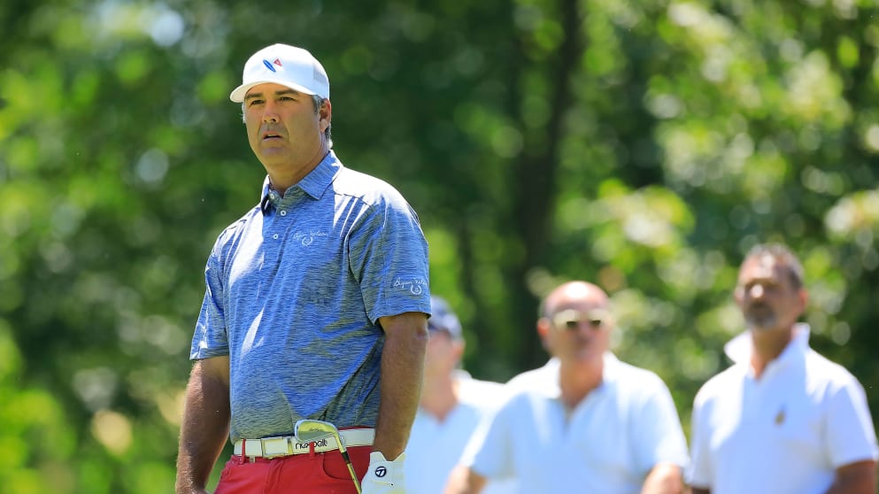 Clark Dennis watches his approach shot at the 2018 Senior Italian Open