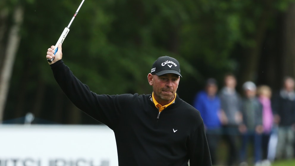 Thomas Bjorn after a birdie on the 15th green 