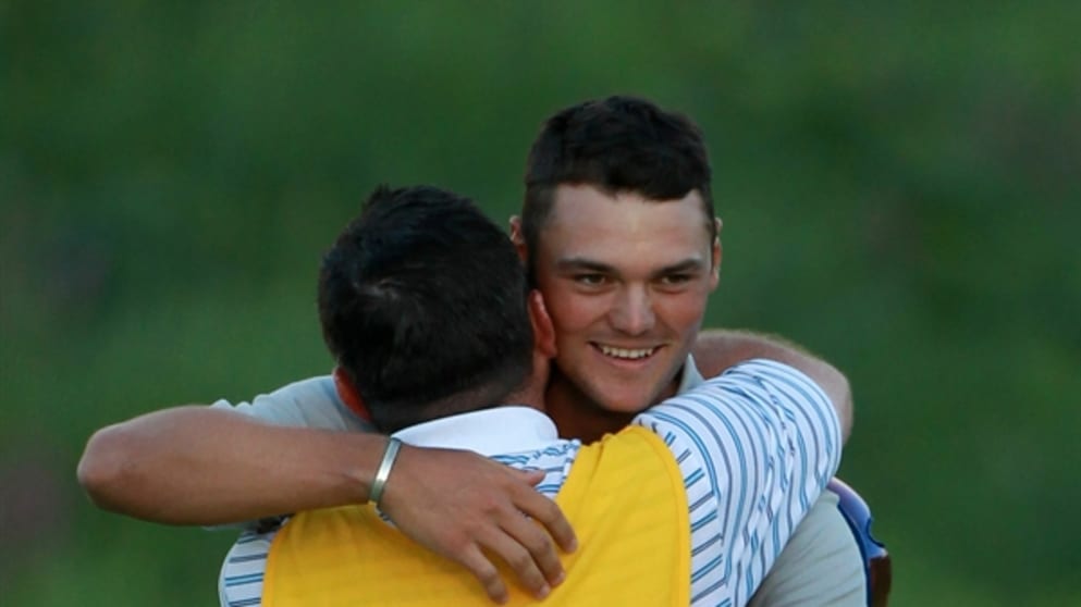 Martin Kaymer celebrates wtih his caddie Craig Connelly