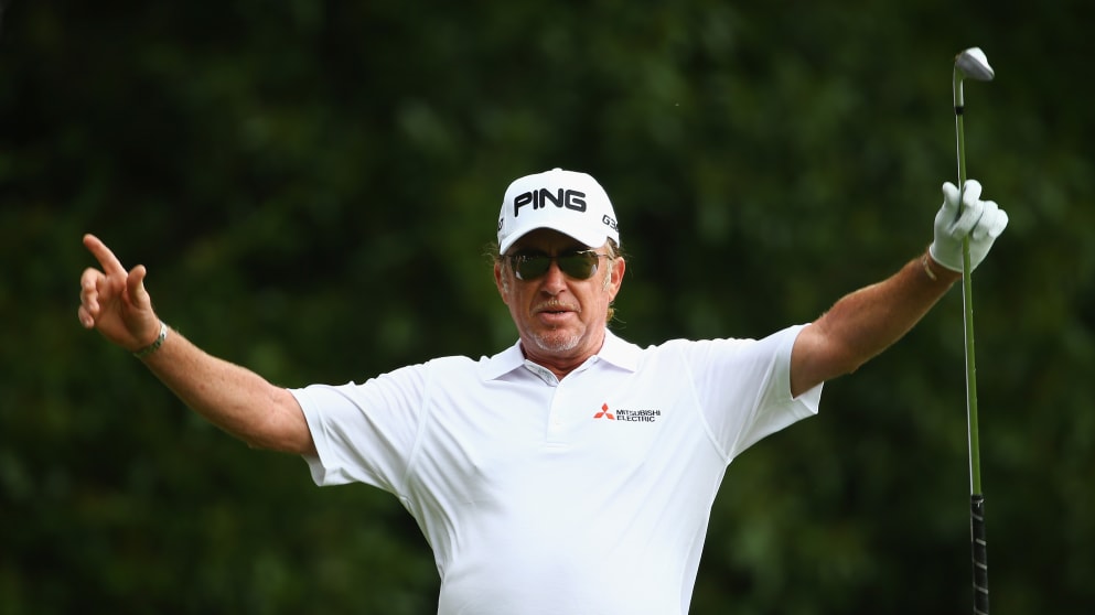 ACE! Miguel Angel Jimenez celebrates his hole-in-one on the second hole