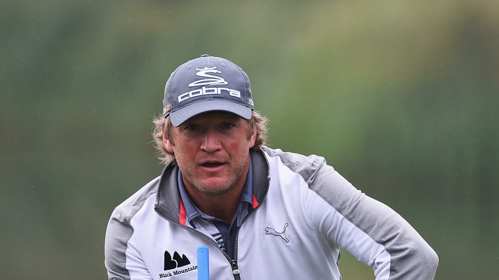 Pelle Edberg of Sweden lines up a putt during the third round