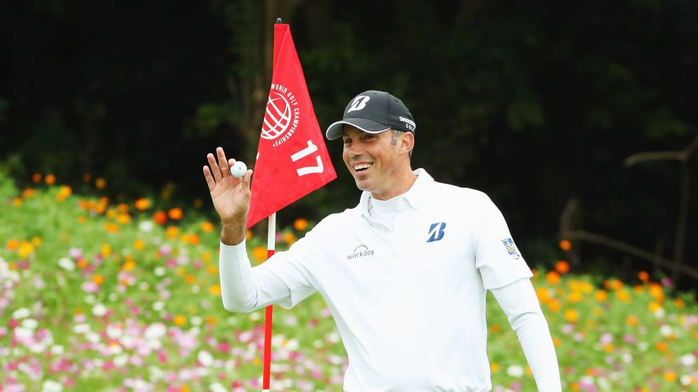 Matt Kuchar celebrates his hole-in-one at the WGC-HSBC Champions