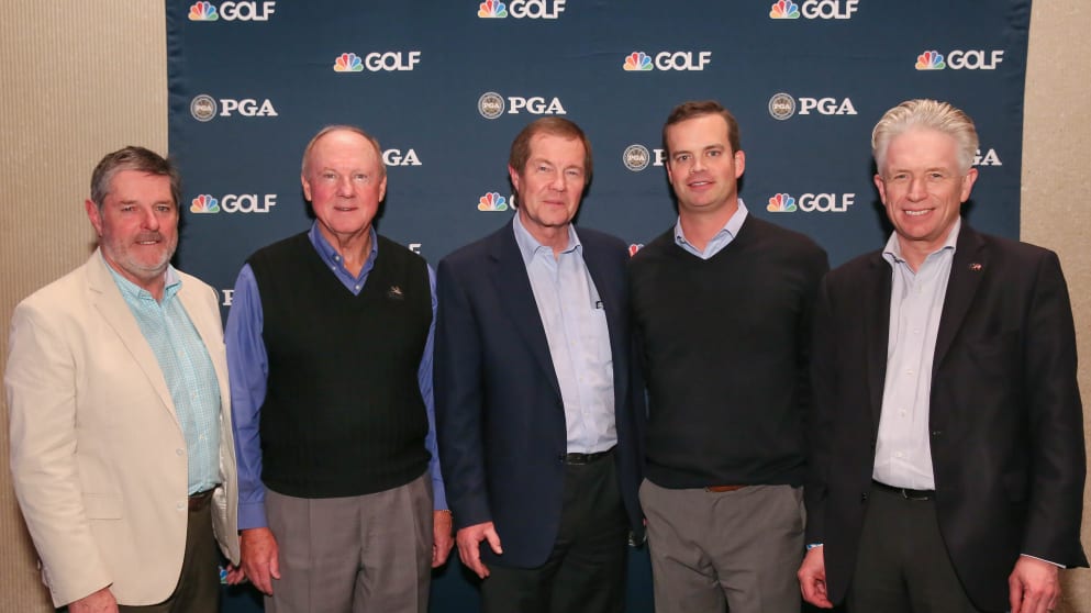 European Tour Productions Board Member Scott Kelly, Golf Channel Founder Joe Gibbs, European Tour Chief Executive George O'Grady, Golf Channel President Mike McCarley and Joint Managing Director of European Tour Productions Mark Lichtenhein 