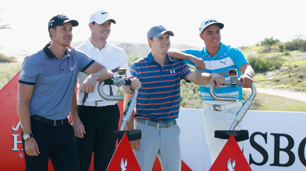 (L-R)  Henrik Stenson of Sweden, Rory McIlroy of Northern Ireland, Jordan Spieth and Rickie Fowler of the United States pose on Golfboards 