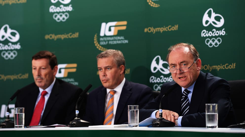 : (L-R) Antony Scanlon, Executive Director of the IGF, Ty Votaw, Executive Vice President and Chief Global Communications Officer of the PGA TOUR and Peter Dawson, Chief Executive of The R&A