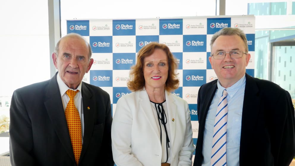 Colm McLaughlin, Executive Vice Chairman of Dubai Duty Free, Sinead El Sibai, Vice President Marketing, and Nick Tarratt, Director of the European Tour's Dubai office