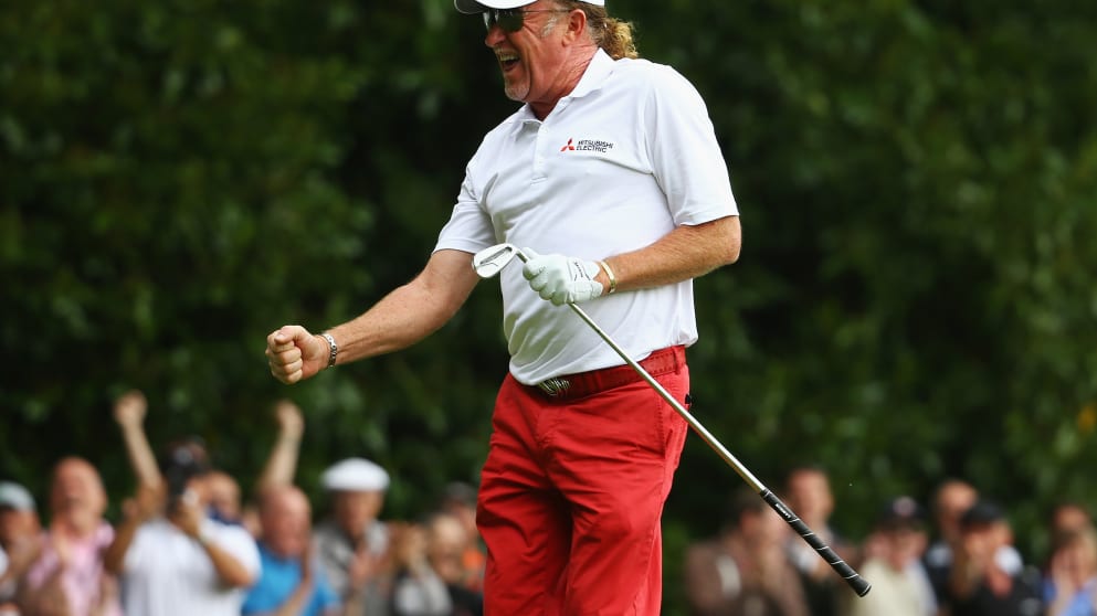 Miguel Angel Jimenez  celebrates his hole-in-one on the 2nd hole 