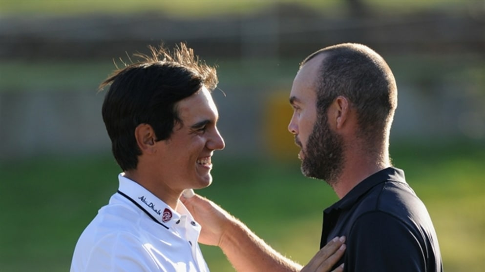  Matteo Manassero is congraulated by Christian Nilsson