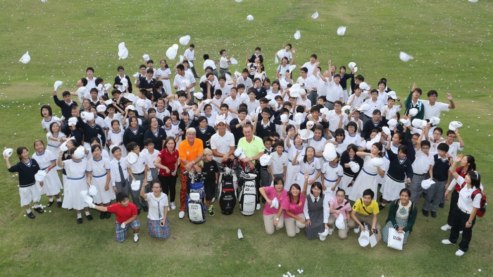 John Daly, Matteo Manassero and Miguel Angel Jimenez at a Junior Golf Clinic in Hong Kong