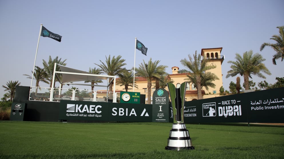 The trophy is pictured on the first tee