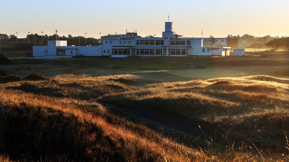 The iconic art-deco clubhouse, built in the mid-1930s, overlooking the classic finishing hole at Royal Birkdale
