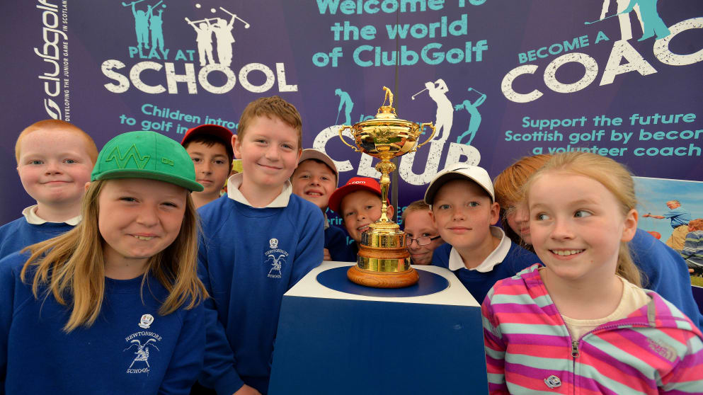 Pupils of Newtonmore Primary School with the Ryder Cup during the Second Round of the Scottish Hydro Challenge hosted by MacDonald Hotels & Resorts