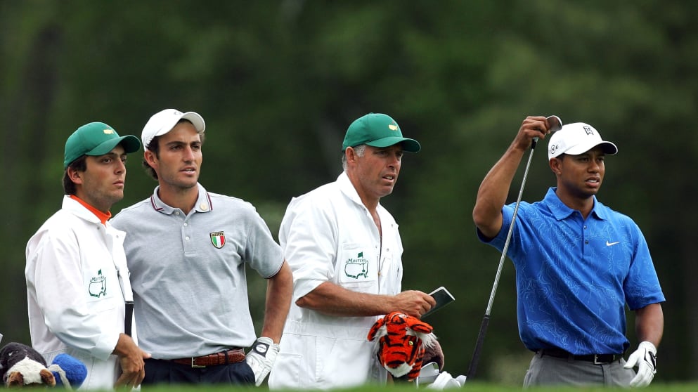 The Molinari brothers at the Masters with Tiger Woods