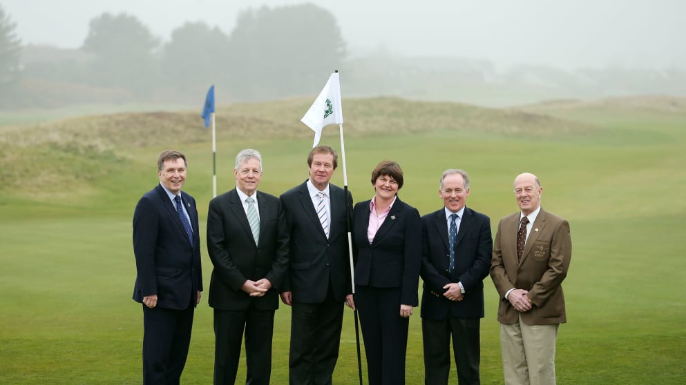 (L-r)  Alan Clarke, Chief Executive of the NITB, First Minister the Rt. Hon. Peter D Robinson, MLA, George O’Grady; Enterprise, Trade and Investment Minister Arlene Foster, Dr Peter Brown, Captain of Royal County Down & George Deane, Captain of Lough Erne