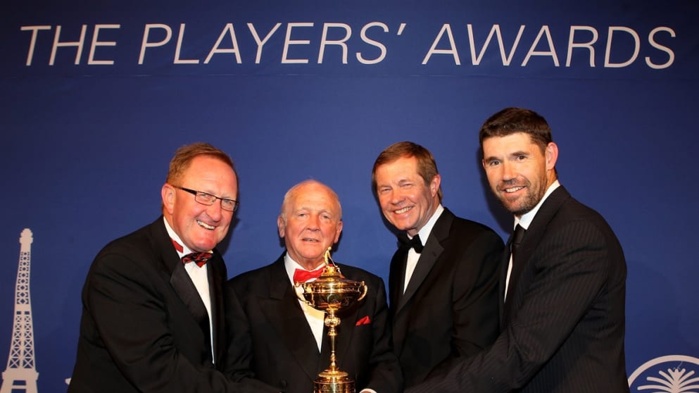 Richard Hills The Director of Ryder Cup Europe, Cecil Whelan of the Links Golf Society Ireland, George O'Grady, Chief Executive of The European Tour and Padraig Harrington of Ireland pose with the Ryder Cup