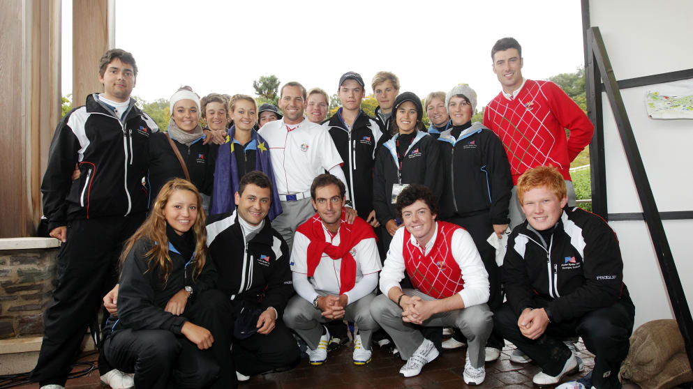 The Junior Ryder Cup players with members of the senior team in 2010