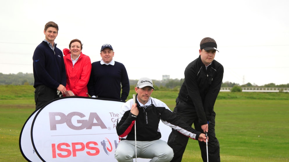 Jordan Rosser (front R) receives tips from PGA Academy Coach Craig (front L) Thomas along with Tom Beard (back L), Lesley Bain (back M) and Mark Smith (back R)