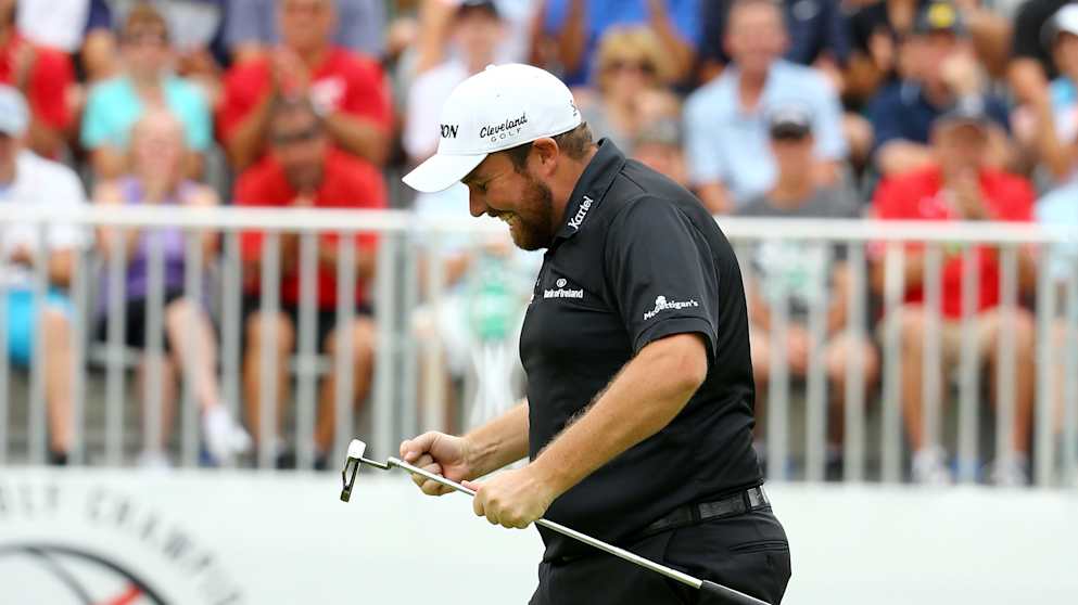 Shane Lowry celebrates his birdie on the last to win the WGC - Bridgestone Invitational