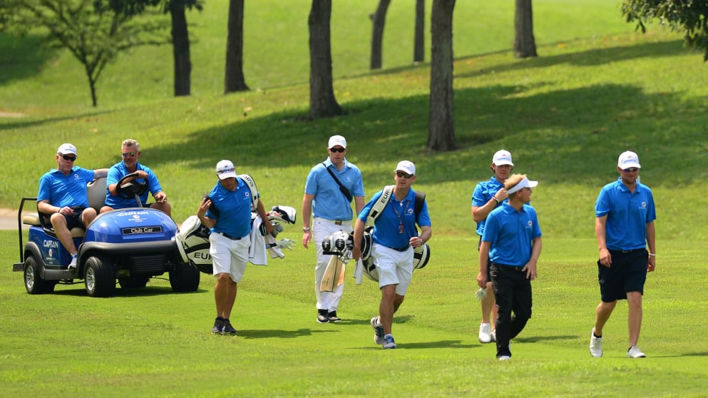 Team Europe's Kristoffer Broberg, Bernd Wiesberger and Soren Kjeldsen practice together at the EurAsia Cup 