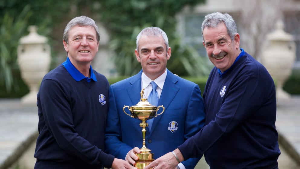 2014 Ryder Cup Captain Paul McGinley with vice captains Des Smyth and Sam Torrance