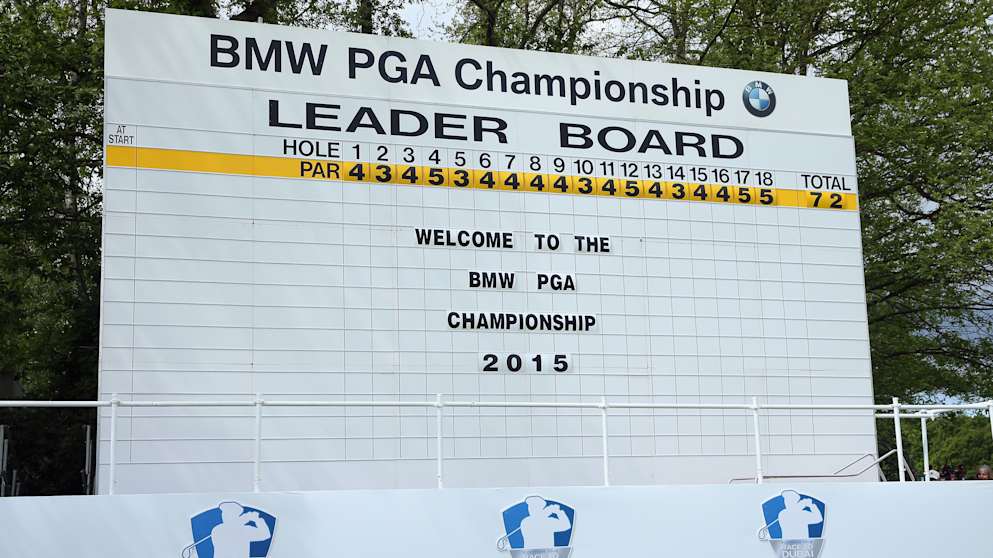 A welcome sign on the leader board during practice for the BMW PGA Championship 