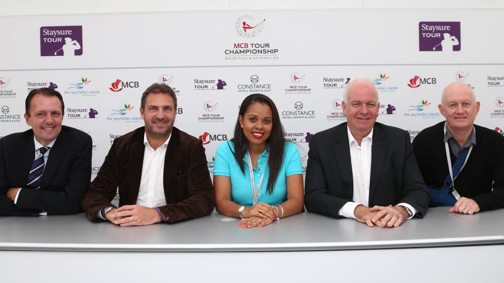 David MacLaren, Head of the Staysure Tour, Raoul Gufflet, Deputy Chief Executive, MCB Ltd, Sherin Francis, CEO Seychelles Tourism Board, Jean-Jacques Vallet, CEO, Constance Hotels, Resorts & Golf, Roger Chapman, Two-time Senior Major Champion 