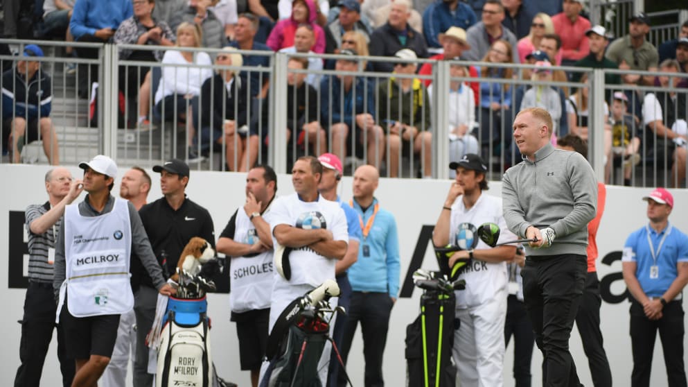 Paul Scholes tees off during the Pro Am for the BMW PGA Championship
