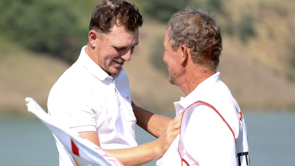 Matt Wallace celebrates victory at the Hero Indian Open