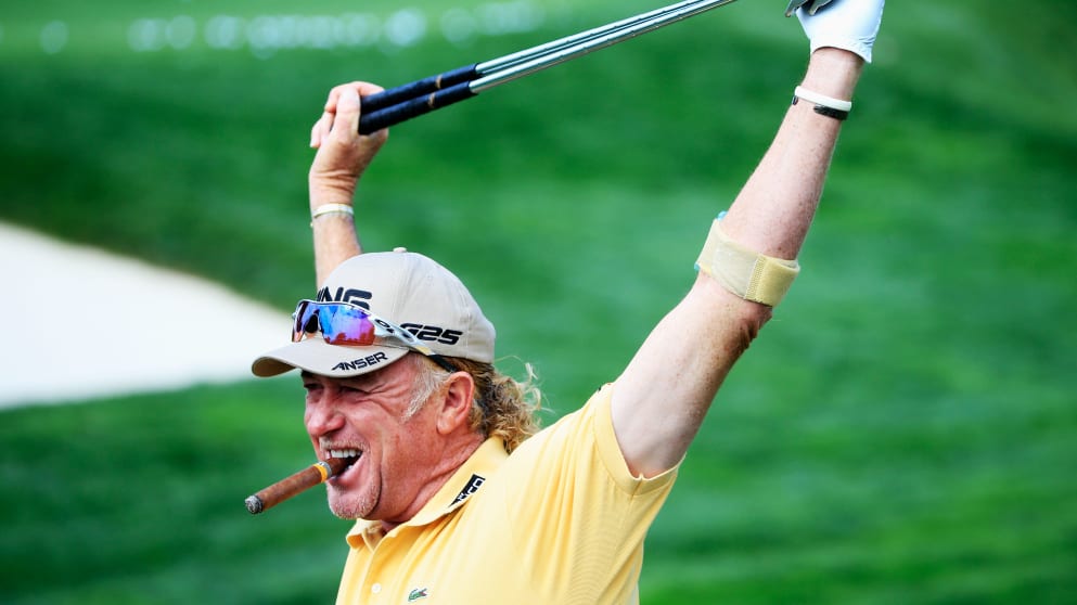 Miguel Angel Jimenez limbering up at Oak Hill in his inimitable style