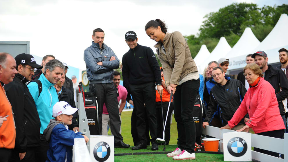 Gregory Bourdy and Girlfriend, Annabelle Sauvignan take on the BMW PGA Championship 60th Anniversary Mega Putt Challenge 