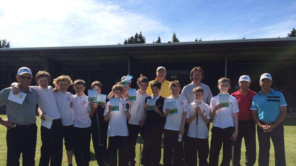Students from Claydon High School with players from the European Senior Tour at Stoke by Nayland Golf Club