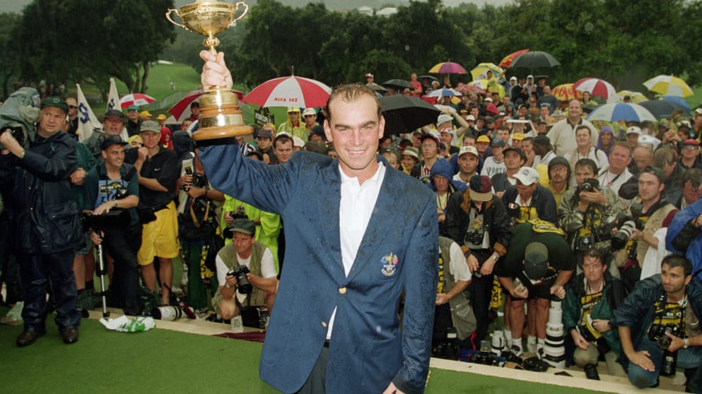 Thomas Bjorn with the 1997 Ryder Cup trophy