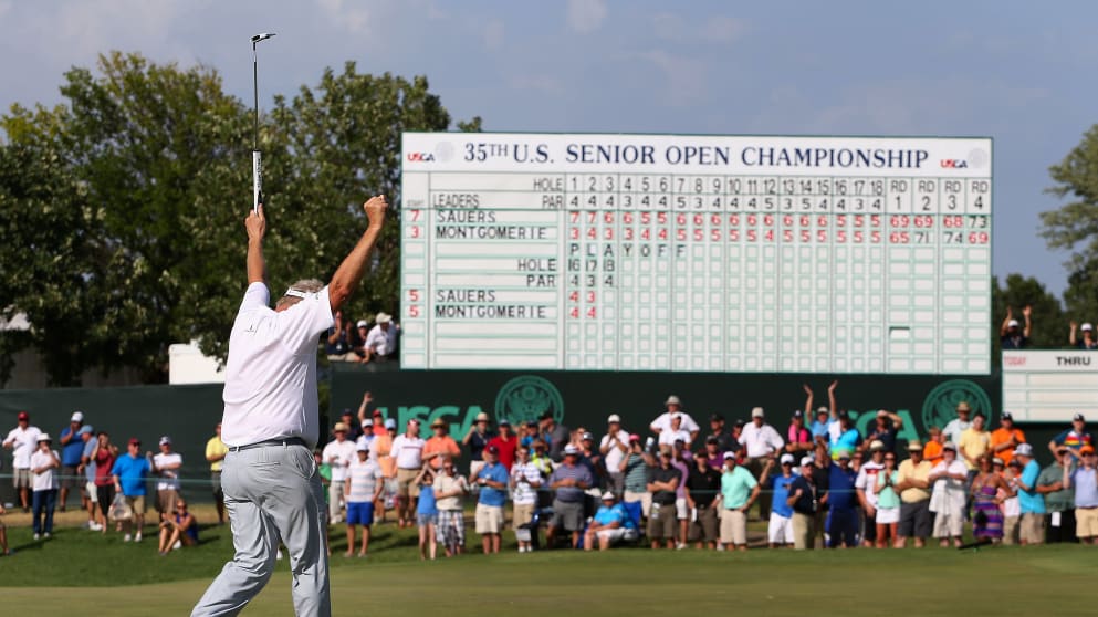 Colin Montgomerie celebrates after winning the 2014 U.S. Senior Open 