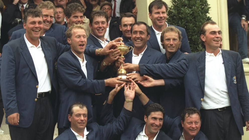 Team Europe celebrate winning The Ryder Cup in 1997 at Real Club Valderrama